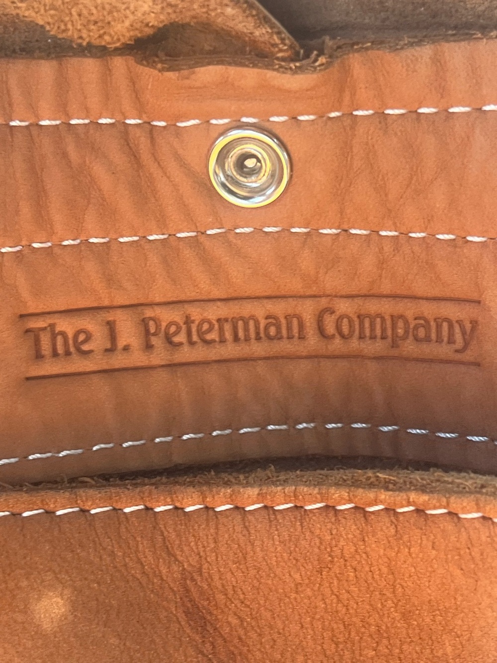 J. Peterman Tan Leather Shoulder Bag with White Stitching